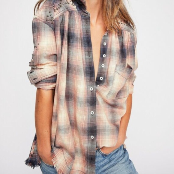 Free People Tops - Free People Take on me plaid studded shirt